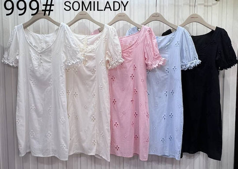 Women Spring Round Neck Hollow Embroidered Lace Dress